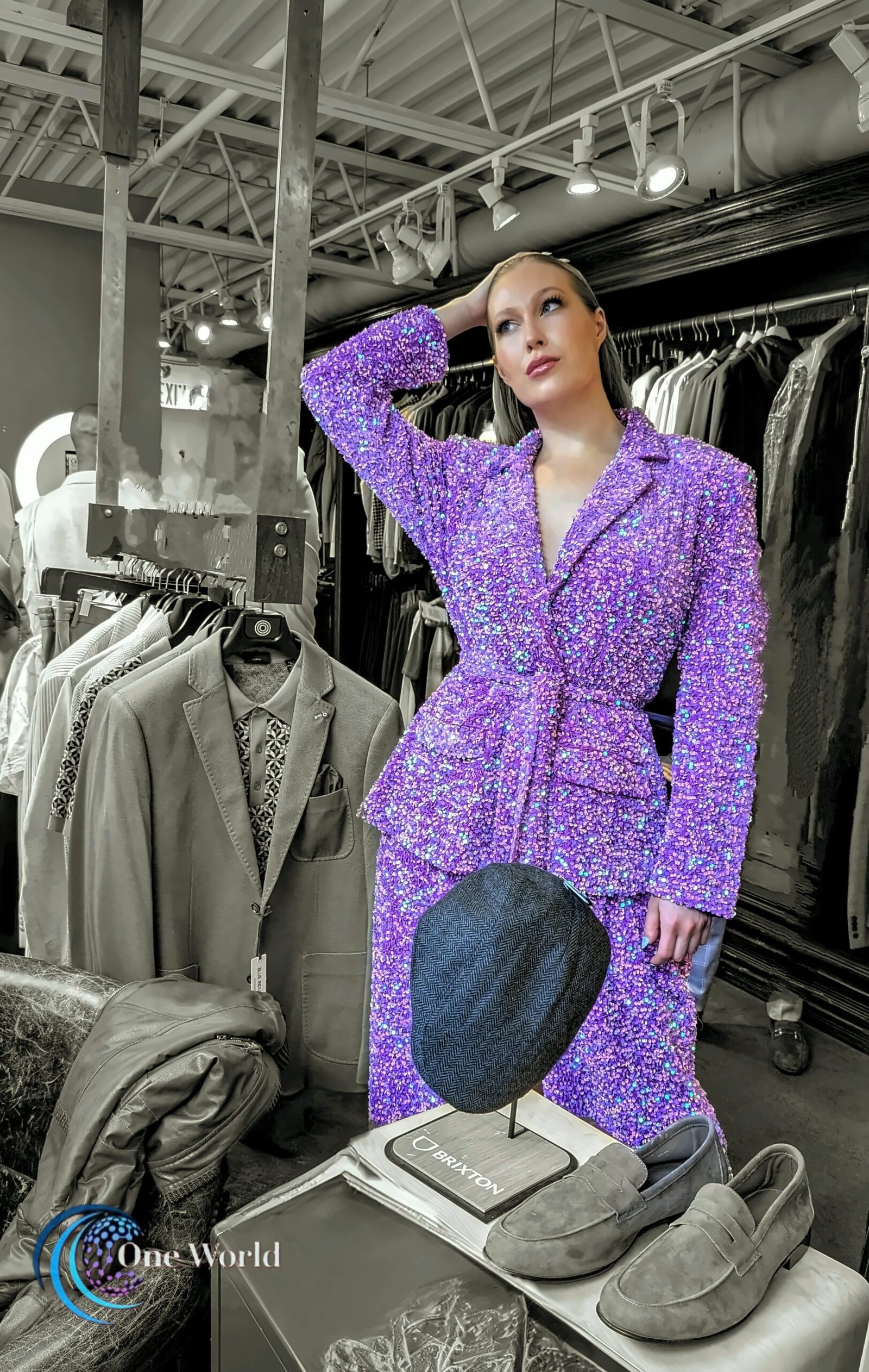 Purple sequin suit backstage, fashion photography by Tony Lawand